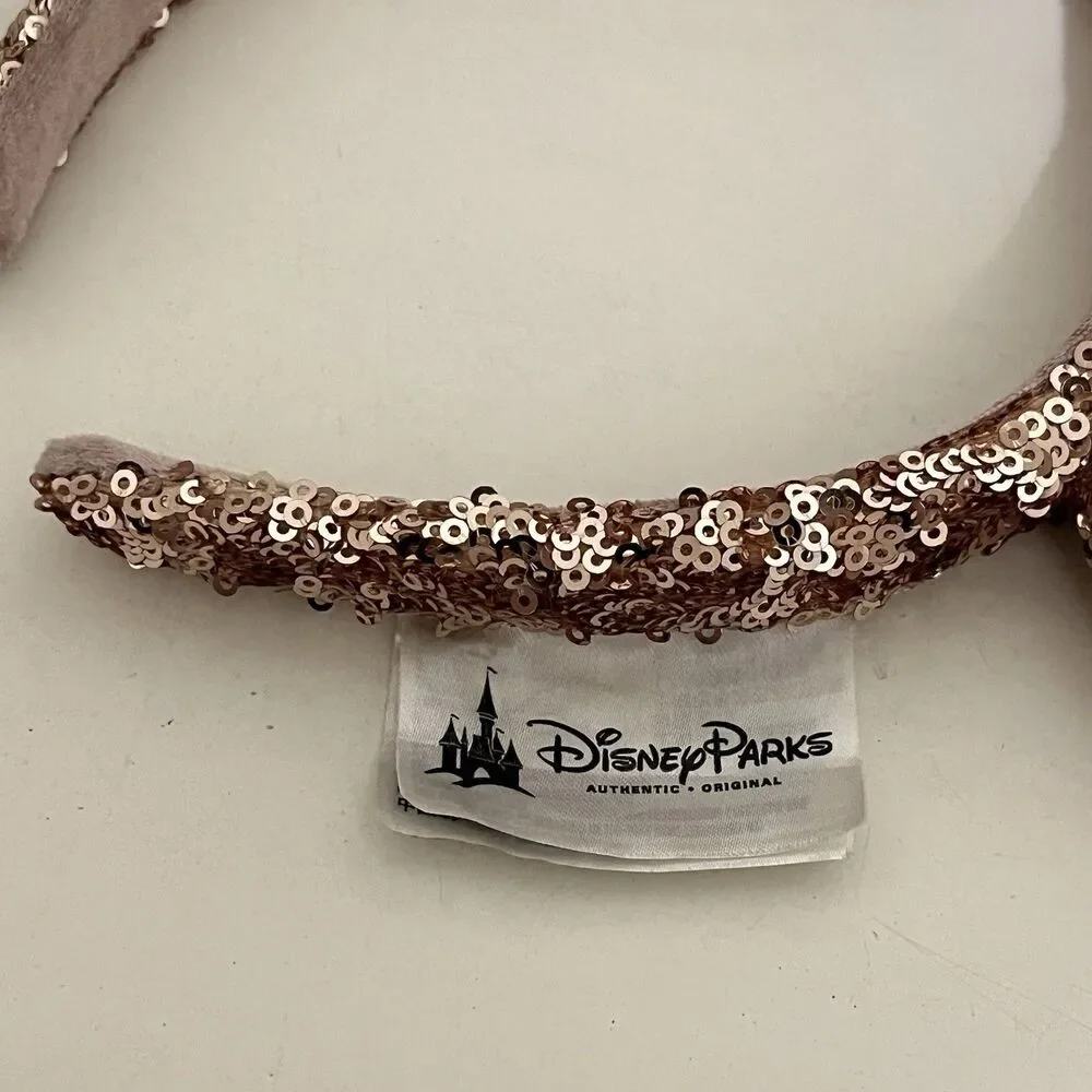 Disney Parks Minnie Mouse Ears Rose Gold Champagne Bow Sequin Headband
